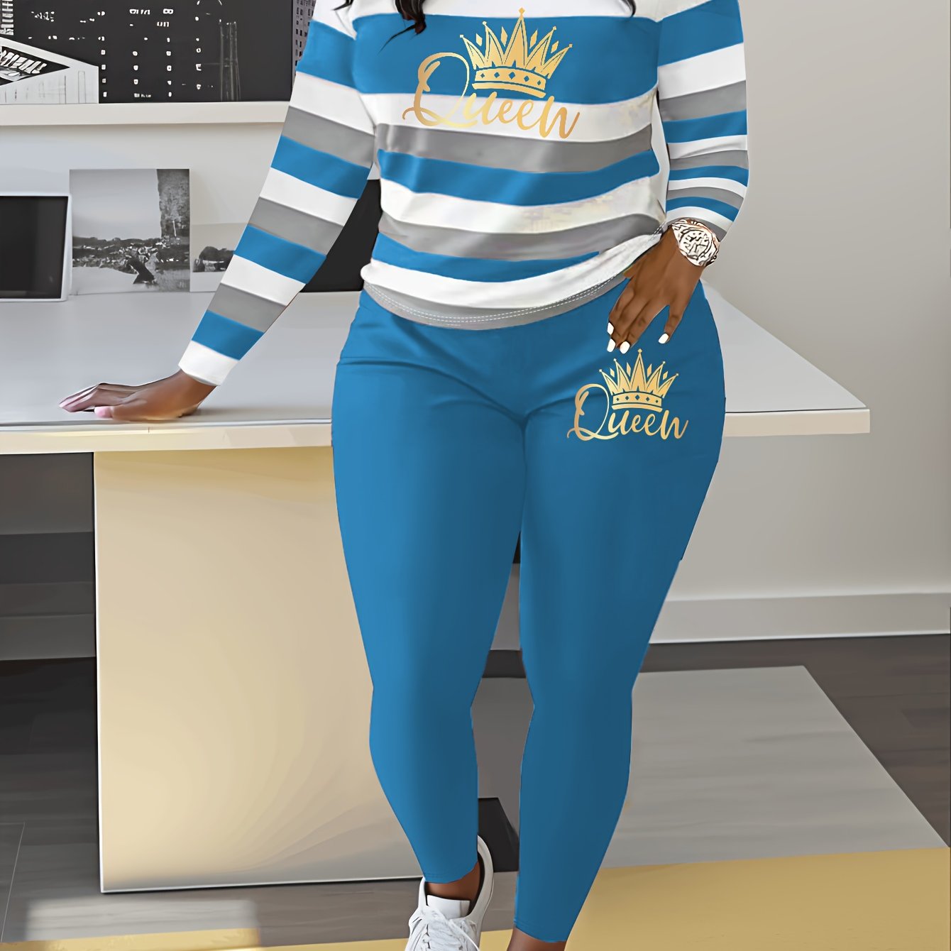 Women's Striped Crown Print Casual Tracksuit Set - Polyester & Elastane Knit Crew Neck Long Sleeve Top with Pants, No Belt - Fall/Winter Cozy Loungewear Suit (1 Top + 1 Pants)